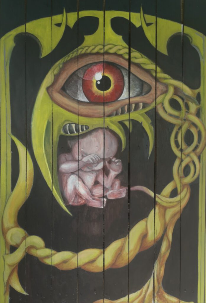 PROTECT - 2021 Bescherming in survival mode. Geschilderd op een houtpallet. Materiaal: Acryl op houtpallet Afmetingen: 100cm x 120cm x 4,5cm (incl horizontale planken aan achterzijde)